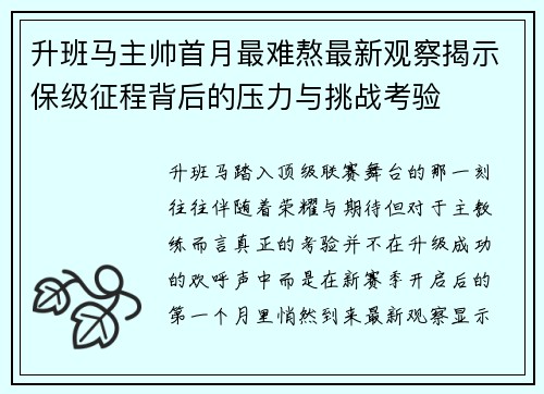 升班马主帅首月最难熬最新观察揭示保级征程背后的压力与挑战考验